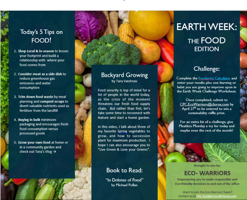 Earth Week tips sent to Clorox employees in Pleasanton, California