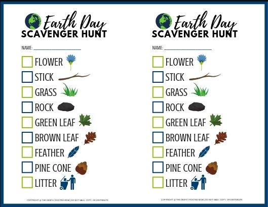 Earth day scavenger hunt check list