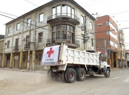 Ecuador earthquake - Red Cross truck in city