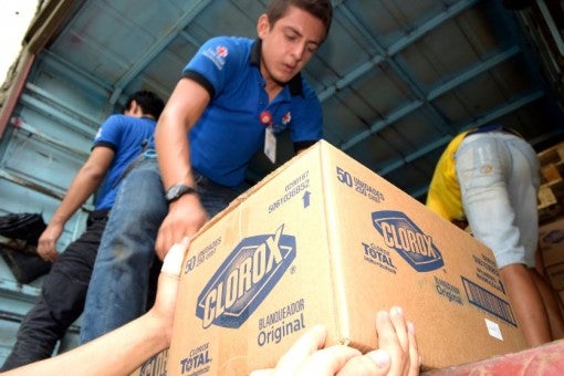 Ecuador earthquake - unloading Clorox bleach donation