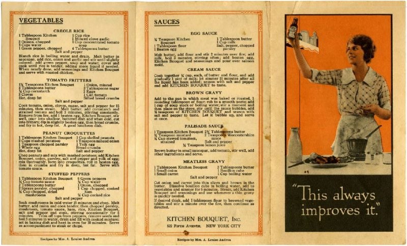 A leaflet promoting Kitchen Bouquet came with classic recipes of the era.