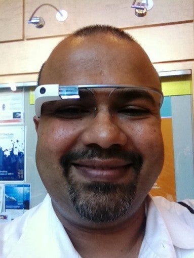 Kunde trying out Google Glass at the inaugural Aging 2.0 Conference in May, 2014.